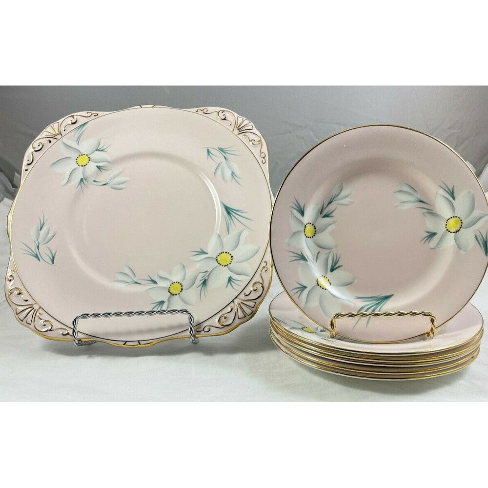Royal Grafton Cake Plate Set Pink White Flowers 7 PC Bone China England Vintage